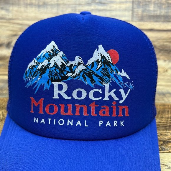 Rocky Mountain National Park Mens Trucker Hat Blue Snapback Colorado Retro Cap - Picture 3 of 8